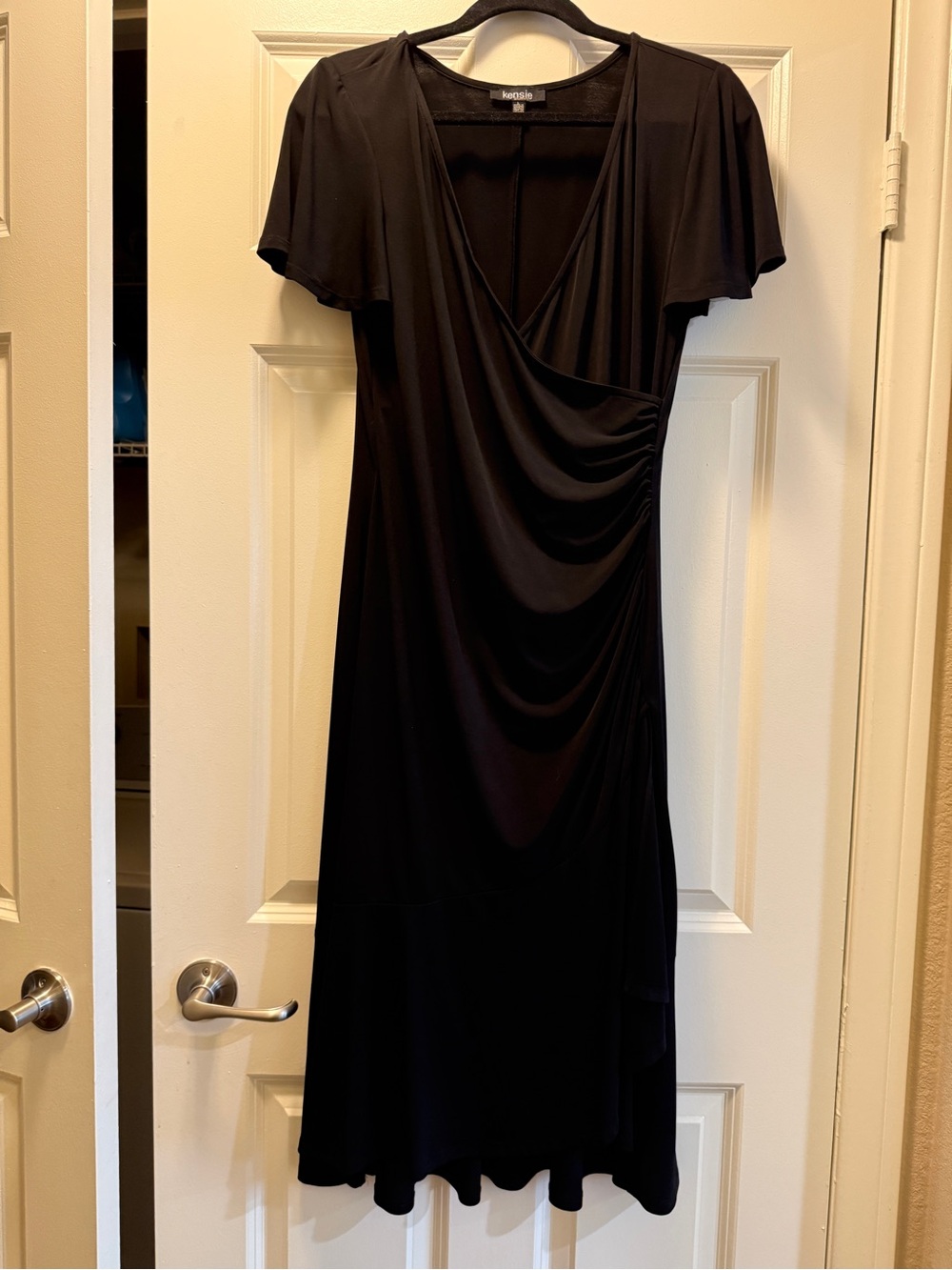 Kensie Black Faux-Wrap Midi Dress with Flutter Sleeves